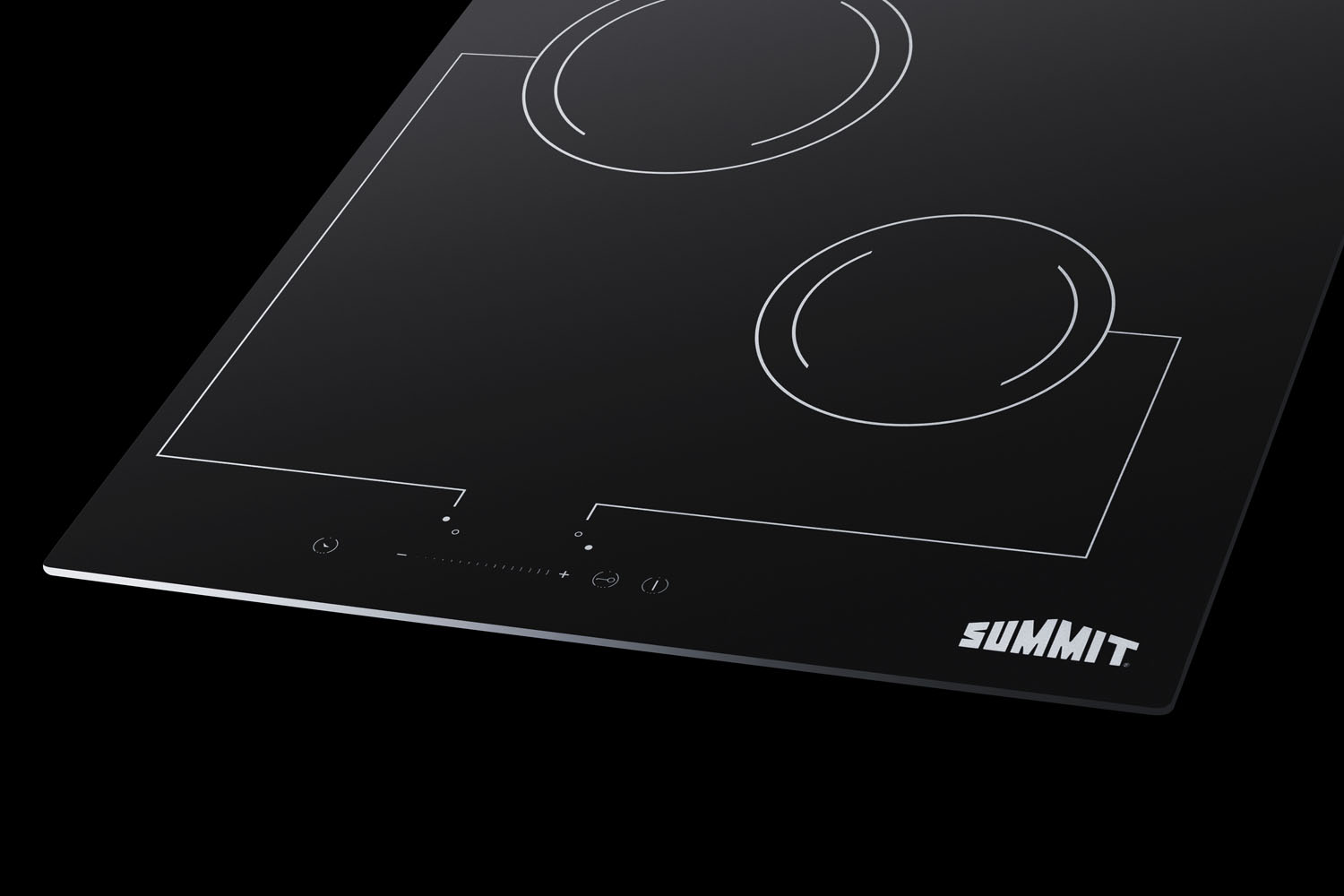 2-burner 220V radiant cooktop with digital touch controls and black glass surface